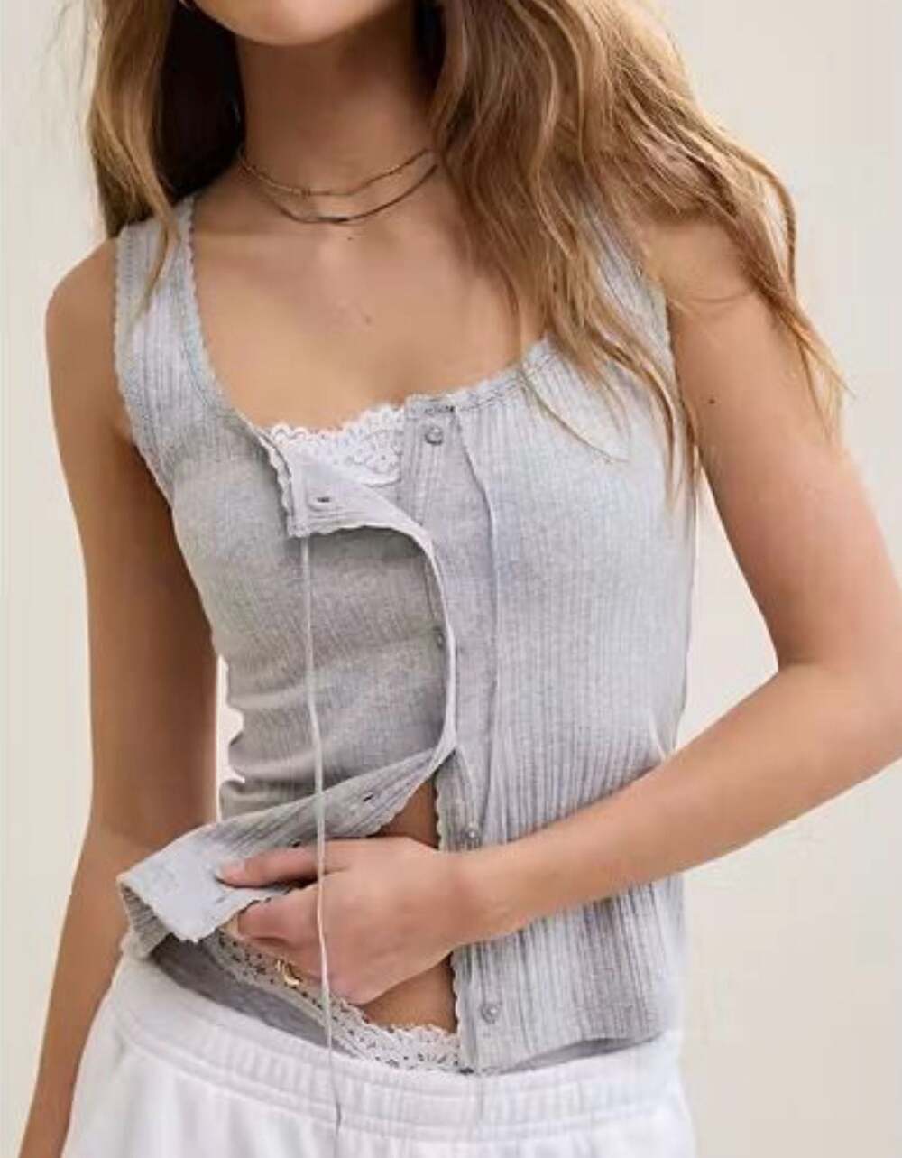 Aerie Ribbed Button-Down Tank Top with Lettuce Edge